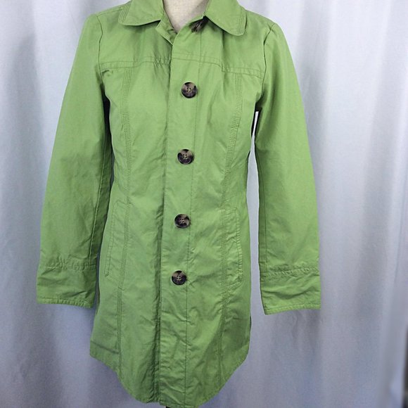Eddie Bauer Trench Coat Womens Size XS Green Cotton Nylon Blend Mid Length - Picture 2 of 9